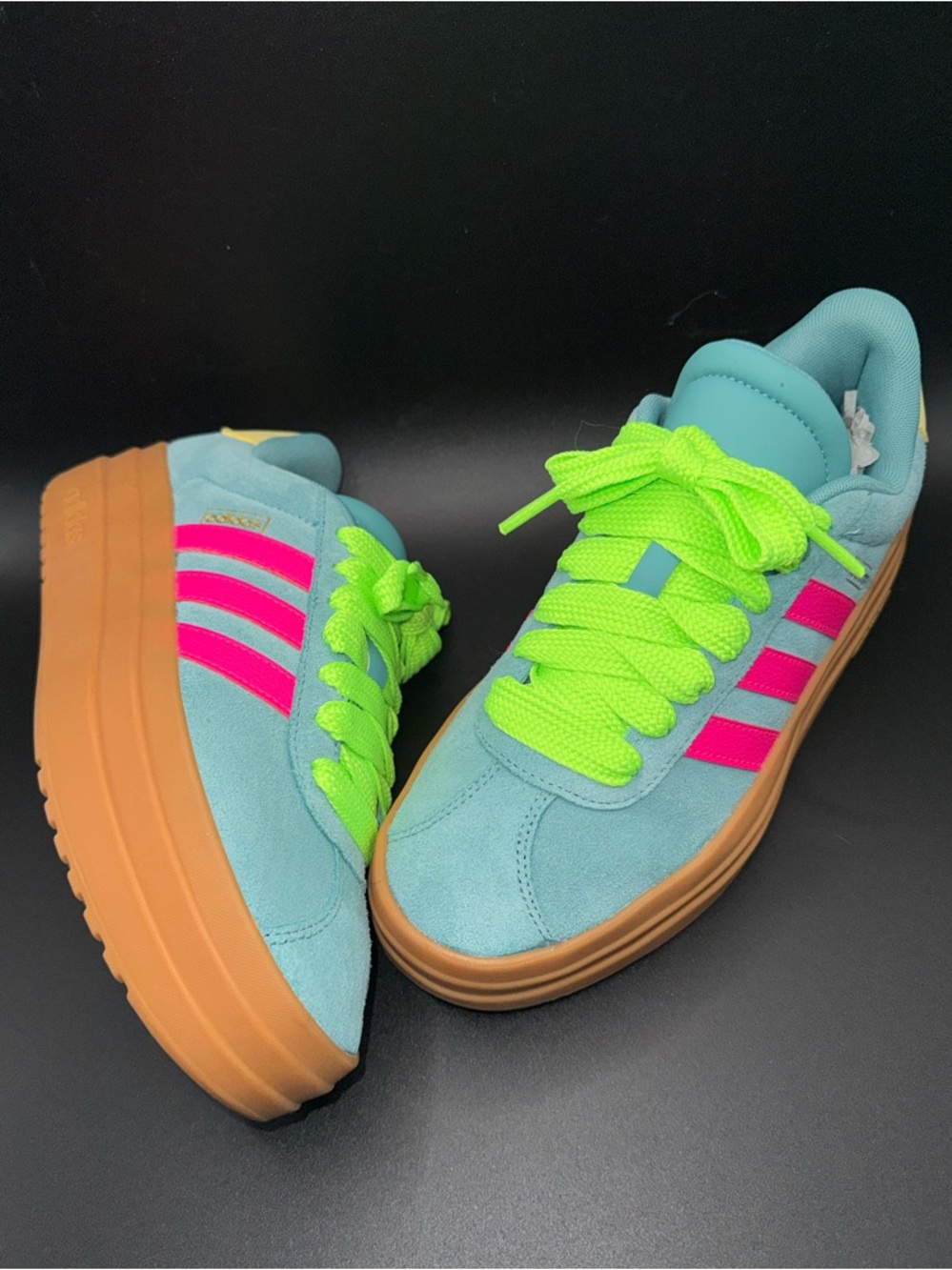 SOLD Adidas Platform Suede Sneakers Sz 7 Neon Pink Stripes Aqua Blue